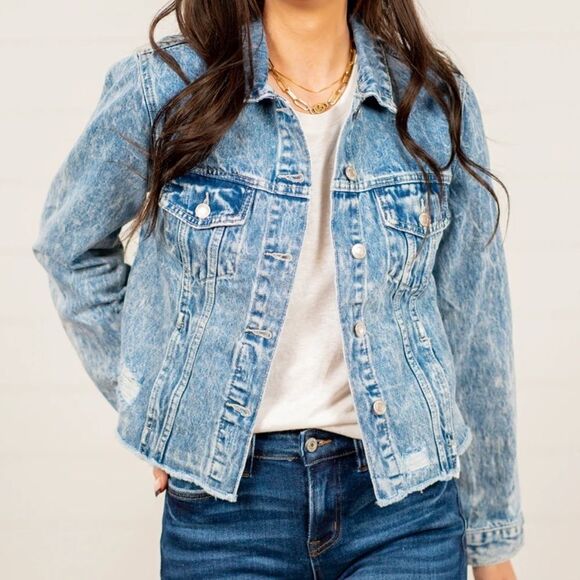 Jean Denim Distressed Acid Wash Raw Hem Jean Jacket - Picture 7 of 9